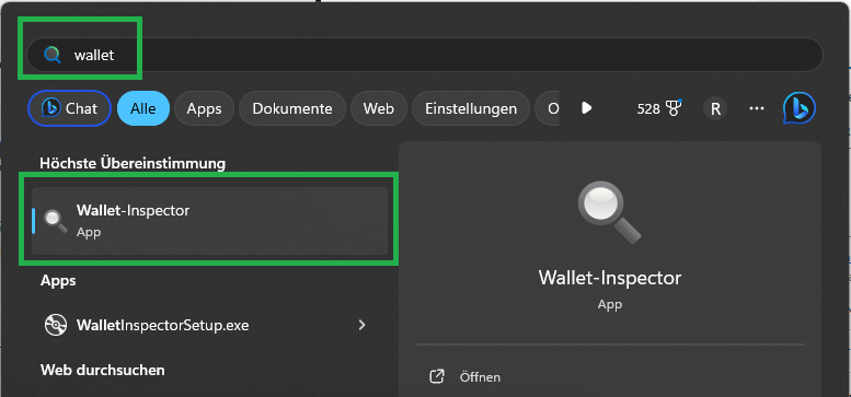 Wallet-Inspector in App-Liste des Computers
